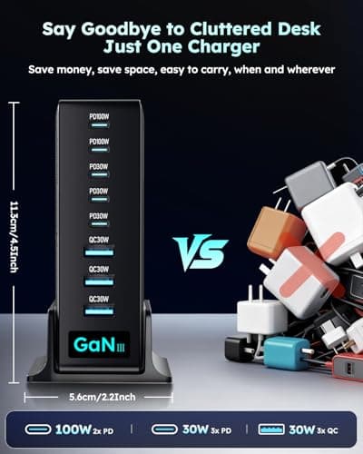 380W USB-C Charger Block, 8-Port USB-C Charging Station PD 30W + 100W PC Laptop, Fast Charging Hub with High-Power Fast Charging Cable for MacBook Pro/Air, DELL, iPad, iPhone, Samsung Galaxy Black - Thumbnail 2