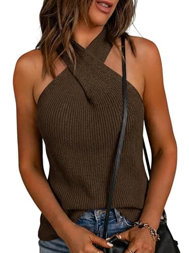 LaGracia Women's Halter Criss Cross Crochet Tops Knit Sleeveless Sweater for Women Tank Trendy Elegant Spring Summer Outfits 2026 Coffee XL - Image 1