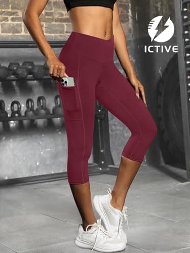 ICTIVE Women's Capris Yoga Pants with Pockets Crossover V Cross High Waisted Fitness Running Leggings Burgundy M - Thumbnail 4