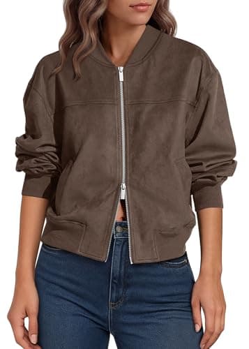 Lazysmile Women's Faux Suede Bomber Jackets Fall Fashion Outfits Winter Clothes Stand Collar Zip Up Coats Outwear with Pockets - Image 1