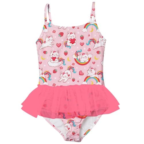 swimsobo Girls Swimsuit Size 7-8 One Piece Bathing Suits Tutu Pink Cat Kids Beach Swimwear Cute Adjustable Strap - Image 1