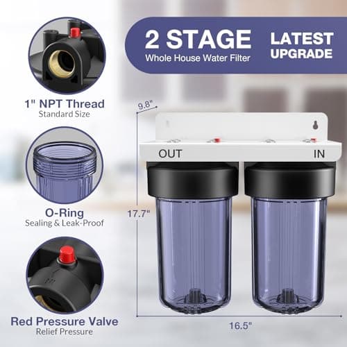 SimPure Whole House Water Filter System, 2 Stages Clear Home Water Pre-Filtration with Carbon and Sediment Filters, Reduce Odor, Chlorine, Taste, Iron, 1" NPT Brass Port, BPA Free(DB10C-2) - Thumbnail 3