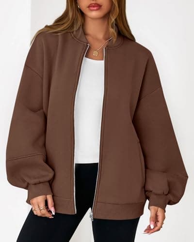 KIRUNDO Oversized Sweatshirt for Women Zip Up Bomber Jacket 2026 Fall Fashion Casual Long Sleeve Outerwear Winter Outfits(Dark Brown, Small) - Thumbnail 6