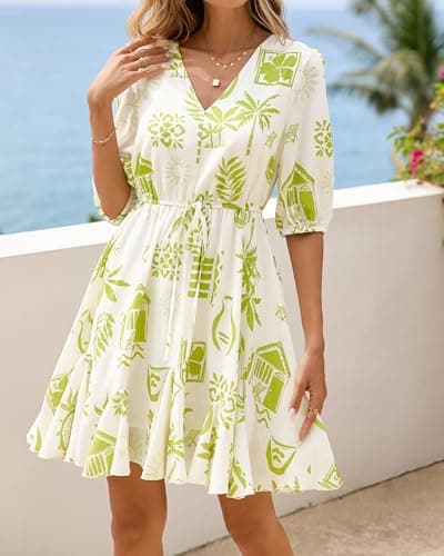 BTFBM Women Summer Spring Floral Boho Dress 2026 V Neck Short Sleeve Ruffle Beach Vacation Clothes Wedding Guest Dresses(Floral Apricot Green, Medium) - Thumbnail 5
