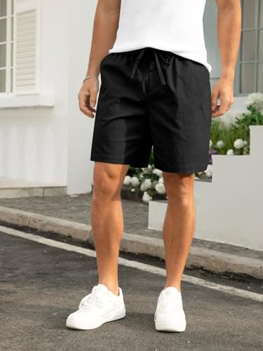 RQP Mens Cotton Linen Short Drawstring Button Stretch Vacation Shorts,Black - Thumbnail 5