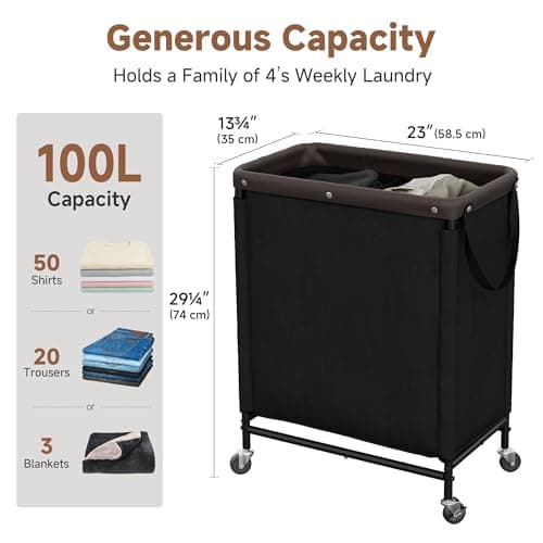 StorageWorks 2 Section Laundry Hamper, Rolling Laundry Cart with Wheels and Handles, Laundry Room Double Sorter for Organizer and Storage, 26.4 Gal(100L), Black - Thumbnail 3