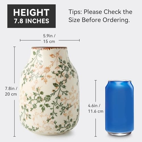 Green & Beige Vintage Chinoiserie Ceramic Vase 7.8”, Floral Rustic Decorative Vase for Living Room, Bookshelf, Office, Grandmillennial & Tuscan Decor - Thumbnail 3