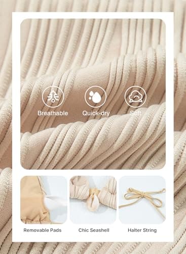 Herseas Women's Textured Sexy Bikini Sets Halter String Shell Long Torso Two Piece Tie Side Swim Suits 2026 Brazilian Thong Breathable Bathing Suits Flattering Summer Tan - Thumbnail 5