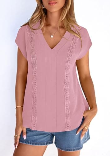 PRETTYGARDEN Blouses for Women Dressy Casual Spring 2026 Cap Sleeve V Neck Lace Trim Boho Tops Work Shirts Summer Clothes (Pink,Medium) - Thumbnail 6