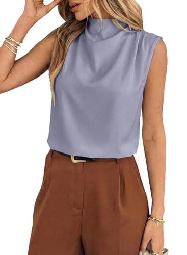 BLENCOT Women Tank Tops Mock Neck Pleated Summer Camisole Sleeveless Casual Blouses Dressy Loose Fit Going Out Business Fashion Cami Work Shirts XX-Large Beau Blue - Image 1