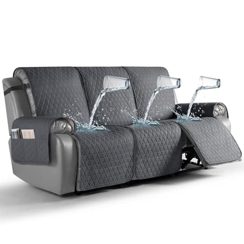 TAOCOCO 100% Waterproof Recliner Couch Covers, Non Slip Recliner Covers that Stay in Place, One-Piece Washable Reclining Sofa Cover for 3 Seater with Elastic Straps, Charcoal Gray