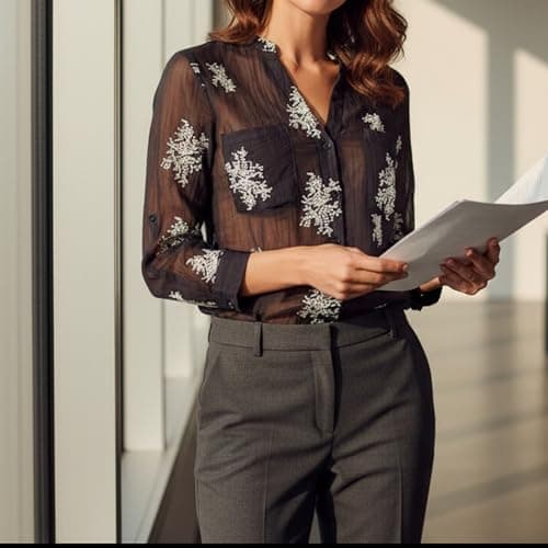 Women's Long Sleeve Sheer Floral Embroidered See Through Button Down Blouse Lightweight Boho V Neck Shirts Medium YG010 Black M - Thumbnail 4