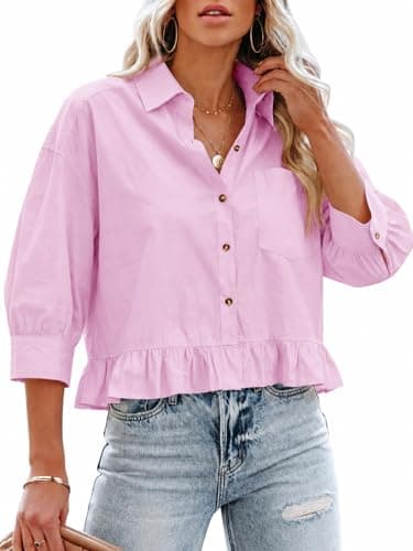 Cicy Bell Womens Cropped Button Down Shirts 3/4 Length Sleeve Casual Cotton Blouses Loose Fit Ruffle Hem Tops Pink - Image 1