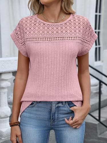 ANRABESS Wemens Tops Summer Sweaters Shirts Short Sleeve Lace T-Shirts Dressy Casual Business Tee Blouses 2026 Trendy Clothes Pale Pink Mediun - Thumbnail 2