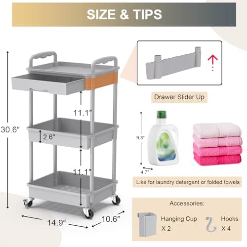 Goovilla 3 Tier Rolling Utility Cart Organizer with Removable Drawer, Stable and Sturdy Grey Rolling Storage Carts with 2 Lockable Wheels for Bathroom, Kitchen, Snack, Craft, Makeup, Baby Essentials - Thumbnail 4
