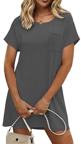 Ekouaer Plus Size Nightgown Women Short Sleeve Sleep Dress Loose Fit Viscose Night Shirt with Chest Pocket Deep Gray - Image 1