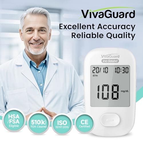 VivaGuard Talking Blood Glucose Monitor Kit, 100 Glucometer Strips & 100 Lancets, 1 Blood Sugar Monitor, 1 Lancing Device, Diabetes Testing Kit for Seniors and Home Use with Travel Case, No Coding - Thumbnail 2