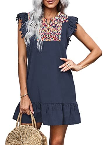 KIRUNDO Women's 2026 Summer Mini Dress Spring Casual V Neck Floral Embroidered Ruffle Sleeveless Shift Flowy Boho Dress (B-Navy, Small) - Image 1