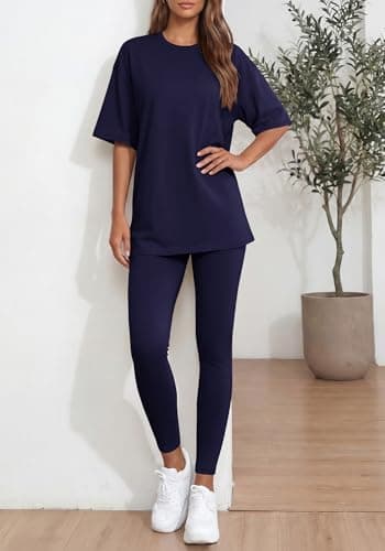BTFBM Two Piece Lounge Set Women 2026 Spring Casual Oversized Shirts Leggings Matching Workout Airport Travel Outfits(Navy Blue, Small) - Thumbnail 5
