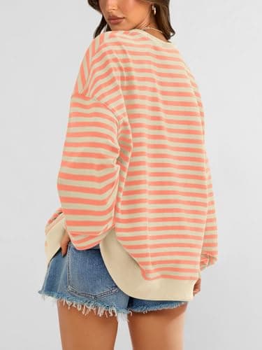 PRETTYGARDEN Womens Oversized Sweatshirt Casual Striped Color Block Long Sleeve Crewneck Pullover Tops Spring Y2k Clothes (Apricot Orange, Medium) - Thumbnail 5