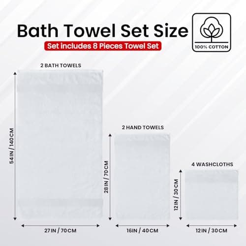 Infinitee Xclusives Luxury 100% Cotton Towel Set – 8 Piece Bathroom Towel Set (2 Bath Towels, 2 Hand Towels, 4 Washcloths) – Soft & Absorbent Towels for Bathroom (Brilliant White) - Thumbnail 3