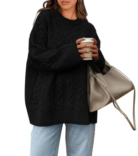 Okiwam Women's Oversized Sweaters Crewneck Cable Knit Pullover Casual Loose Fall Outfits Spring Fashion Clothes 2026-XL Black - Image 1