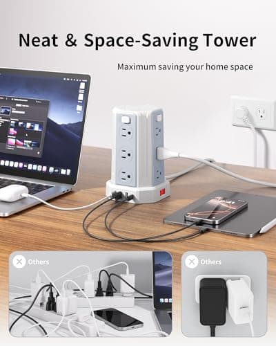 Power Strip Surge Protector, 6.5 Ft Extension Cord with 12 AC Multiple Outlets 4 USB (1 USB C), SMALLRT Power Tower Desktop Charging Station - Thumbnail 4