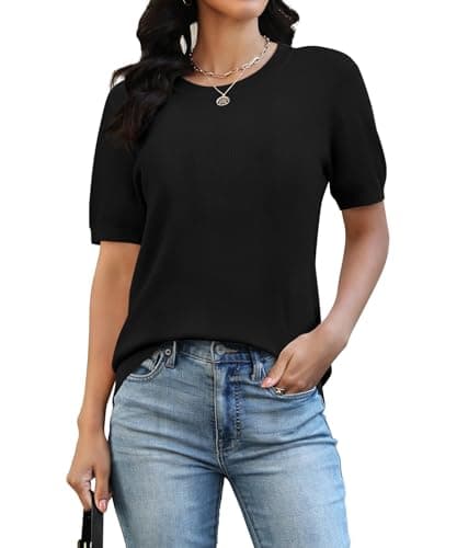 NILOUFO Pullover Sweaters for Women Short Sleeve Sweater Top Black - Image 1