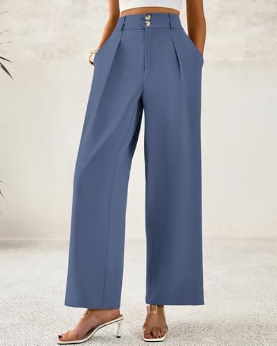BTFBM Women Wide Leg Dress Pants 2026 High Waisted Button Pleated Business Casual Trousers Office Work Palazzo Pants(Grey Blue, XX-Large) - Thumbnail 4