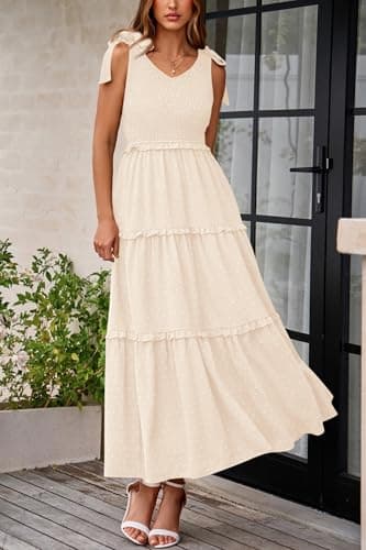 Okiwam Womens Summer Dresses 2026 Sleeveless Tie Strap Maxi Long Flowy Beach Sundresses Boho Swiss Dot Spring Wedding Guest Dress-L Beige - Thumbnail 2