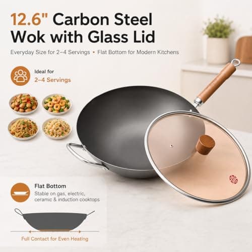 WANGYUANJI 12.6 Inch Carbon Steel Wok with Lid, Flat Bottom Wok Pan for Induction, Electric and Gas Stoves, Uncoated Chinese Stir Fry Pan with Wooden Handle - Thumbnail 2