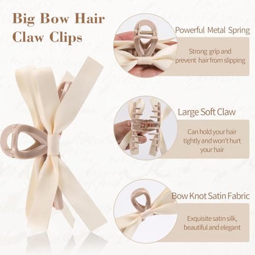 Auseibeely 6 PCS Silky Satin Bow Hair Clips, Non-Slip Clips for Thin and Thick Hair, Bows for Women, Girls, Weddings, and Bridesmaids - Thumbnail 3