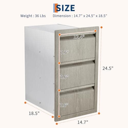 Garvee 14.7" W x 18.5" D x 24.5" H Stainless Steel Outdoor Kitchen Triple Drawers - Heavy Duty with Handles, Weather-Resistant Flush Mount for BBQ Island, Patio Grill & Outdoor Cooking Space - Thumbnail 3