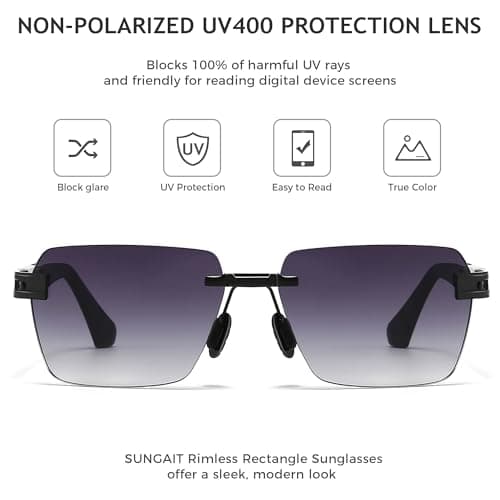 SUNGAIT Rimless Rectangle Sunglasses Square Frameless Shades for Men Women Y2K Vintage Retro UV Protection (Black/Grey Gradient Lens) SGT722-HH - Thumbnail 2