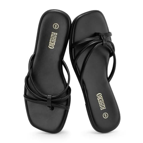 Rihero Womens Flip Flops Square Toe Black Flat Sandals for Women Slip On Comfortable Beach Slide Sandals Size 8.5 - Image 1