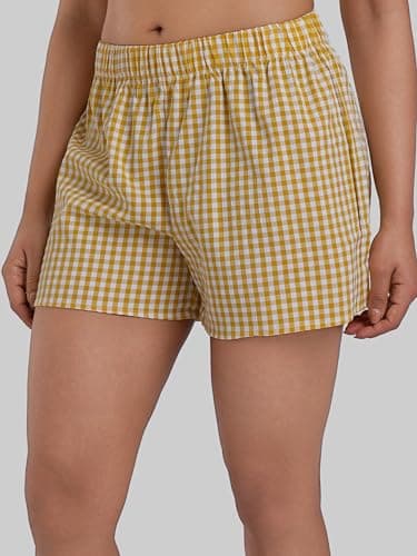 Sunzel Women's Gingham Plaid Boxer Shorts – Elastic Waist Loose Fit Pajama Lounge Shorts Y2K Summer Beach Casual Pj Bottoms Yellow Plaid Medium - Thumbnail 2