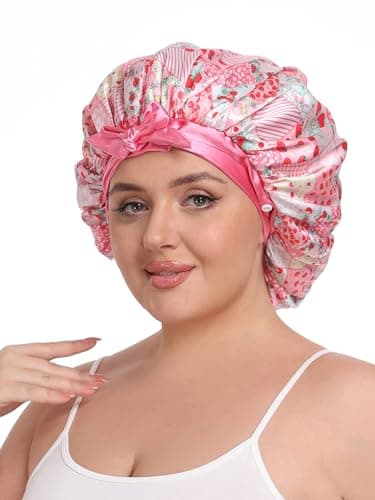 Vettres Double Layer Satin Bonnet for Sleeping with Detachable Eye Mask Adjustable Night Cap for Curly, Natural, Braided Hair Reduces Frizz & Locks in Moisture Pink Strawberry - Thumbnail 3