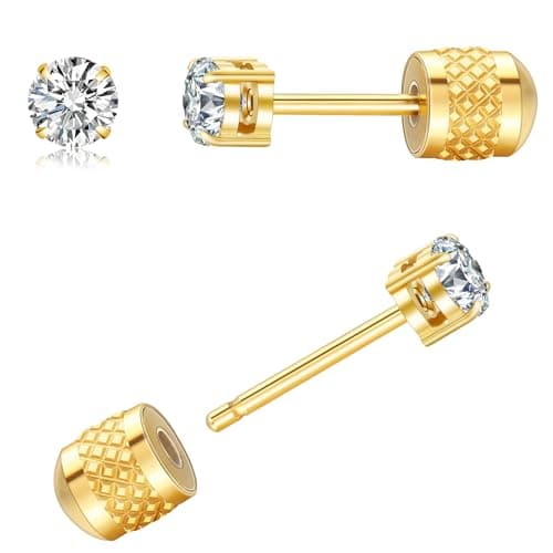 MHWTTY Gold Stud Earrings for Women Threadless Flat Back Earrings Push in Flatback Studs 3mm CZ