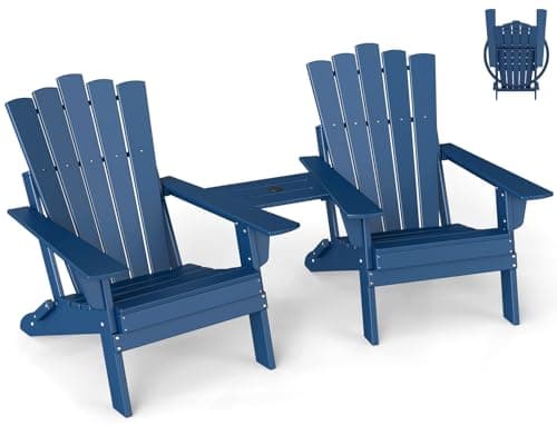 GREENVINES Folding-Adirondack-Chairs-Set-of-2 | HDPE Plastic | Throne Series | Fire Pit Chair | with Connecting Tray | Removable Table | All Weather | for Outdoor Patio Deck Poolside | Blue
