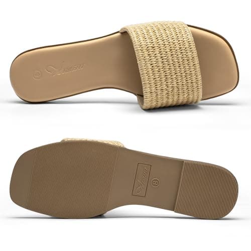 Athlefit Tan Raffia Flat Sandals for Women Dressy Square Open Toe Comfortable Slip On Beach Casual Slide Sandals Size 7 - Thumbnail 5