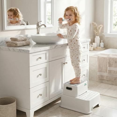 2-Step Kids Step Stool with Educational Design, Anti-Slip Bathroom Stool for Toddlers, Potty Training Helper, Safety Kitchen Standing Tower for Little Boys & Girls, Non-Slip Wide Base, White - Thumbnail 5