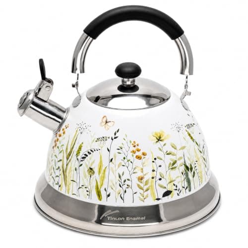 Tinlon Enamel Tea Kettle, 3.1QT Whistling Stovetop Kettle, Folding Handle