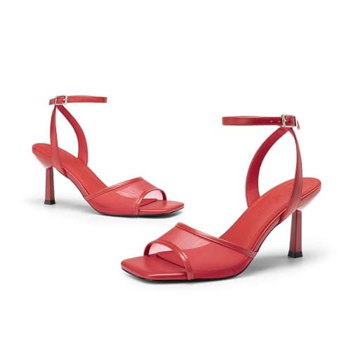 Athlefit Red High Heels for Women Mesh Square Open Toe 3-Inch Stiletto Heels Ankle Strap Buckle Dress Wedding Heeled Sandals Size 7 - Thumbnail 6