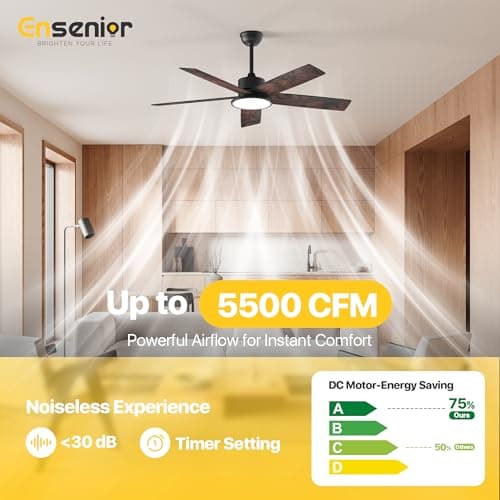 Ensenior 52 Inch Smart Ceiling Fans with Lights and Remote, Control via Alexa Google Voice App, 3000K-6000K Dimmable LED 6-Speed Reversible DC Motor Black Ceiling Fan for Bedroom Living Room, 5 Blades - Thumbnail 6