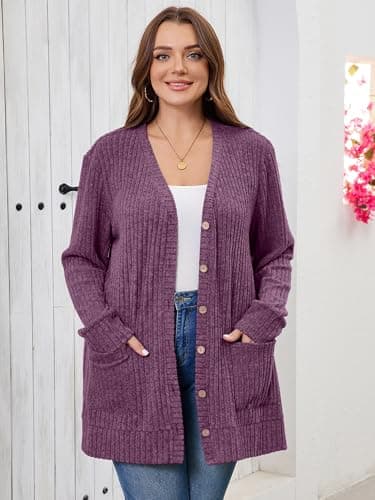 AusLook Plus Size Women Long Sleeve Cardigan Purple 5X Open Front Button Down Lightweight Casual Sweater Cover Ups Shrugs Shawls and Wraps Kimono Jacket Coat with Pockets - Thumbnail 6