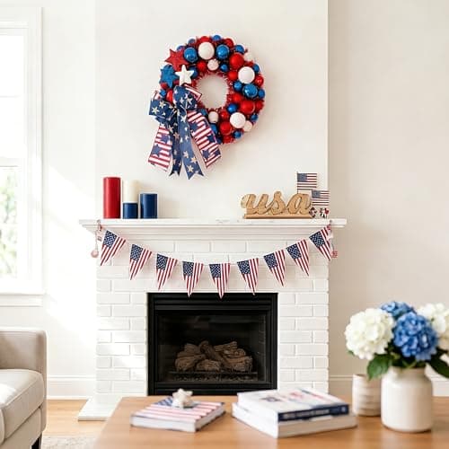 HipTree 13 Inch Patriotic Ball Wreath for Front Door with Lights, 4th of July Wreath with Red White Blue Stars & Ribbon for Memorial Day, Independence Day,Veterans Day, Flag Day,Summer Decorations - Thumbnail 4