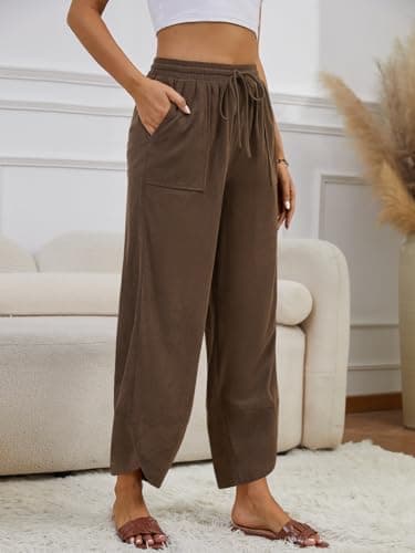 grewley Corduroy Pants for Women Casual Wide Leg Pants Womens Brown Trousers Baggy Drawstring Fall Pants Brown M - Thumbnail 3