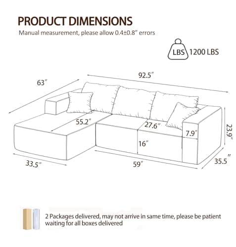 92.5" Modular Sectional Sofa, L-Shape 3 Seat Memory Foam Boneless Couch for Living Room, Cloud Couch with Oversized Chaise, No Need Assembly - Brown(Left Facing Chaise) - Thumbnail 2