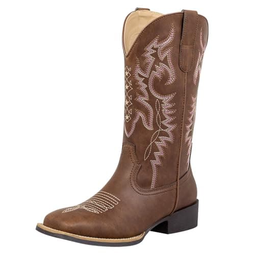 J's.o.l.e Square Toe Cowboy Boots for Women, Wide Calf Cowgirl Boots with Fashion Embroidery, Comfortable Mid-Calf Western Boots for Daily Casual Country Concert Brown US 9 - Image 1