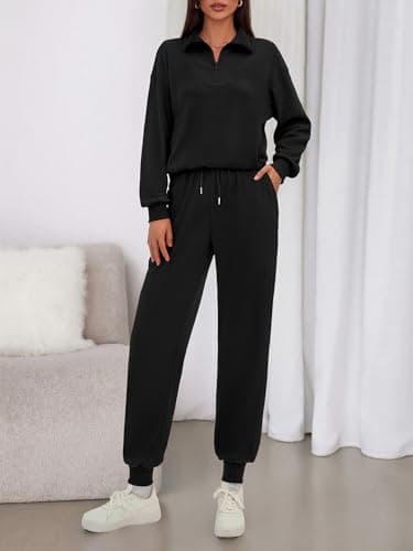 BTFBM Women's 2 Piece Tracksuit Fall Outfits 2025 Long Sleeve Half Zip Sweatshirt Sweatpants Lounge Set Sweatsuits(Solid Black,Medium) - Thumbnail 2